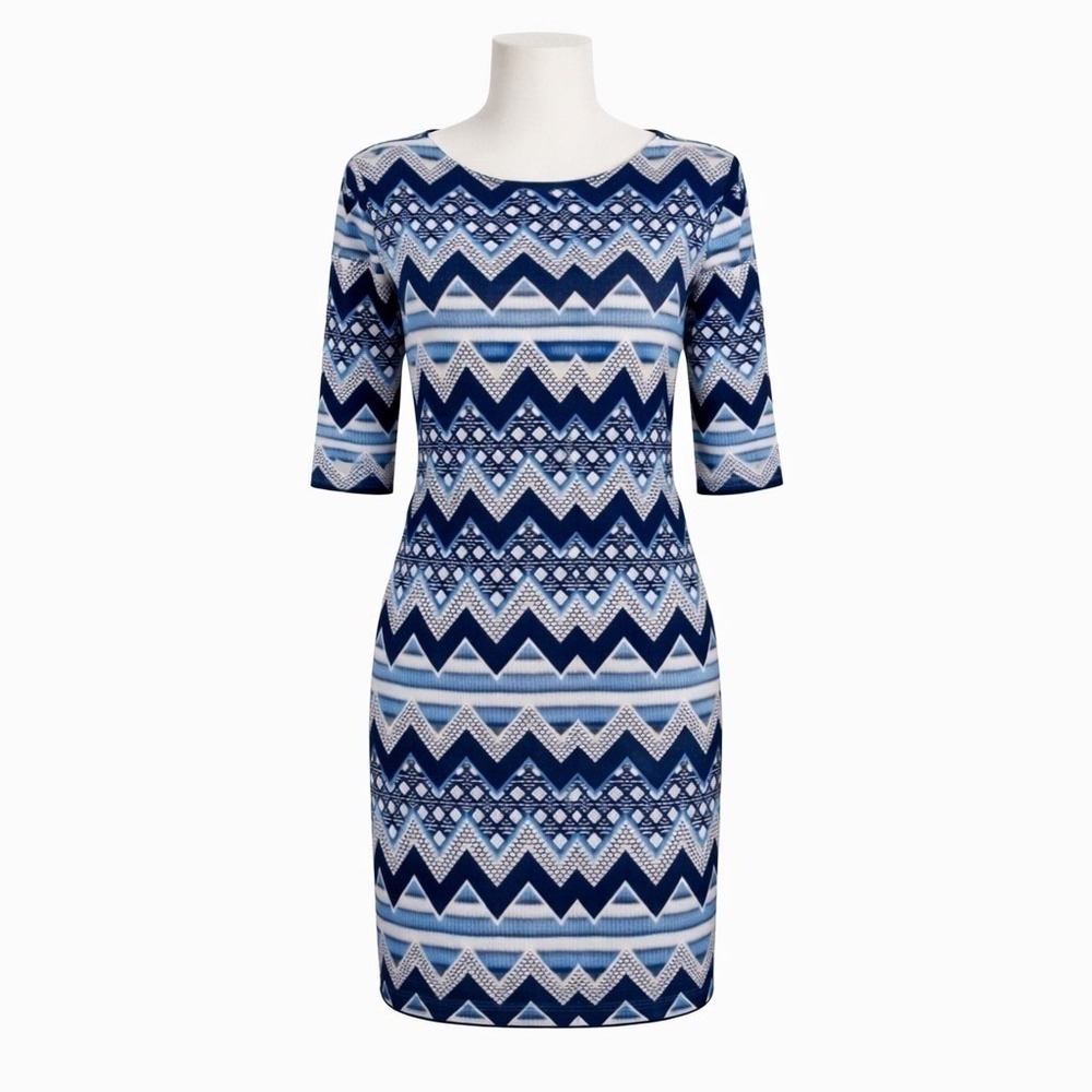 Avenue Blue Geometric Knit Bodycon Dress Size 14W Stretch 3/4 Sleeve‎ Plus Size